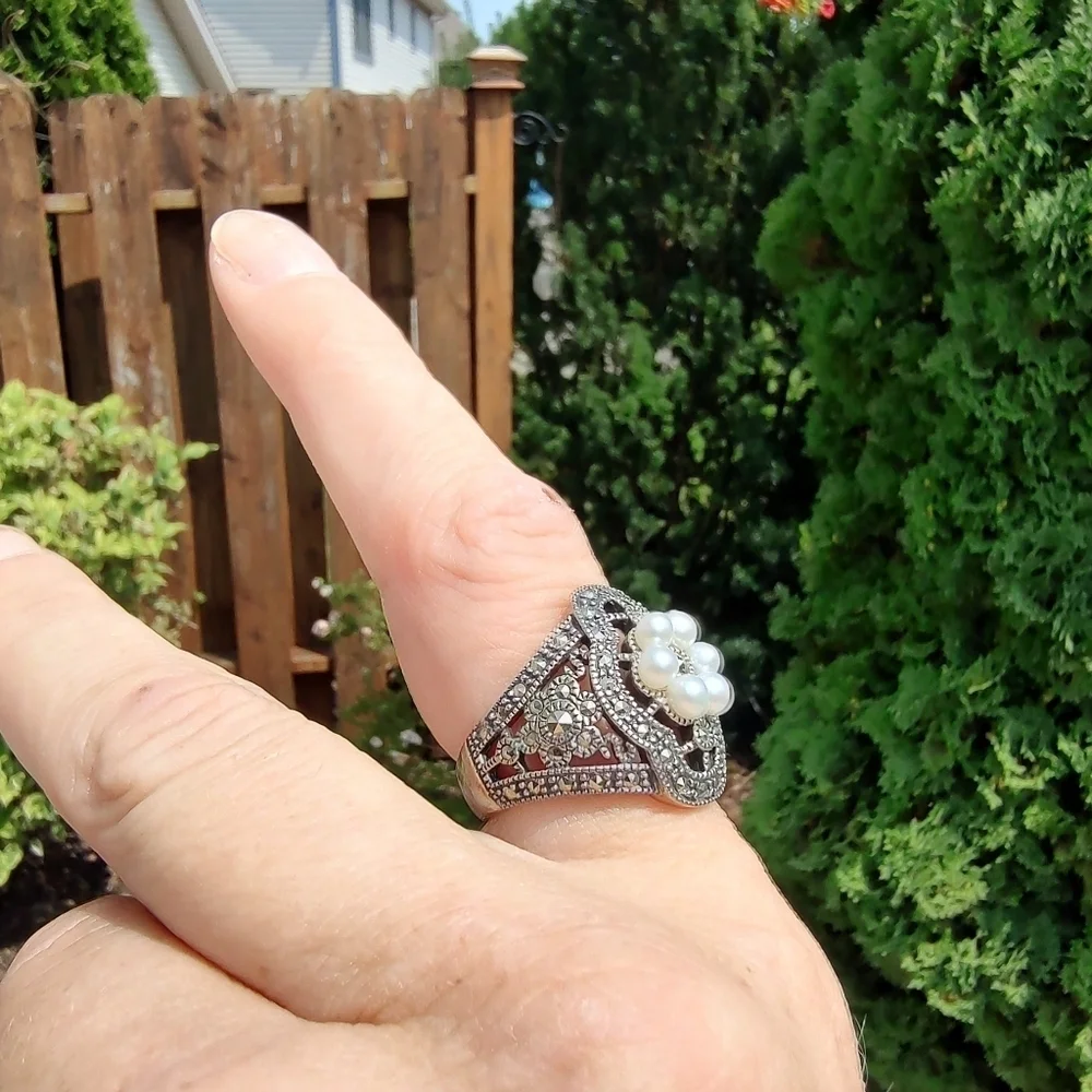 Judith Jack Ring Sterling Silver Marcasite Faux Pearls Size 7!